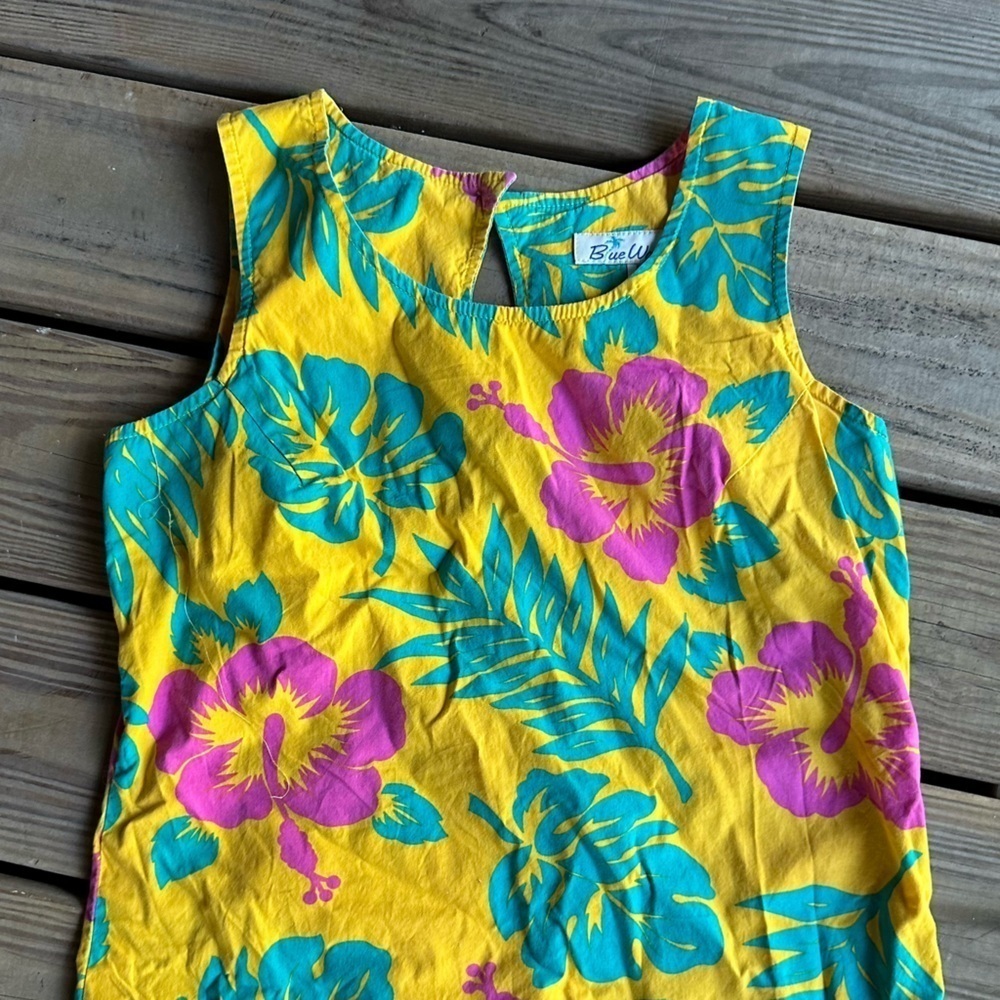 Vintage Blue Water Yellow Floral Dress Tropical Sleeveless Beach Vacation Mini S - Picture 15 of 15